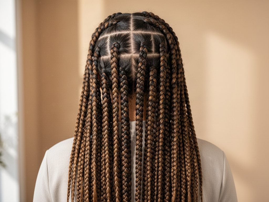 Long box braids with brown highlights, seen from behind