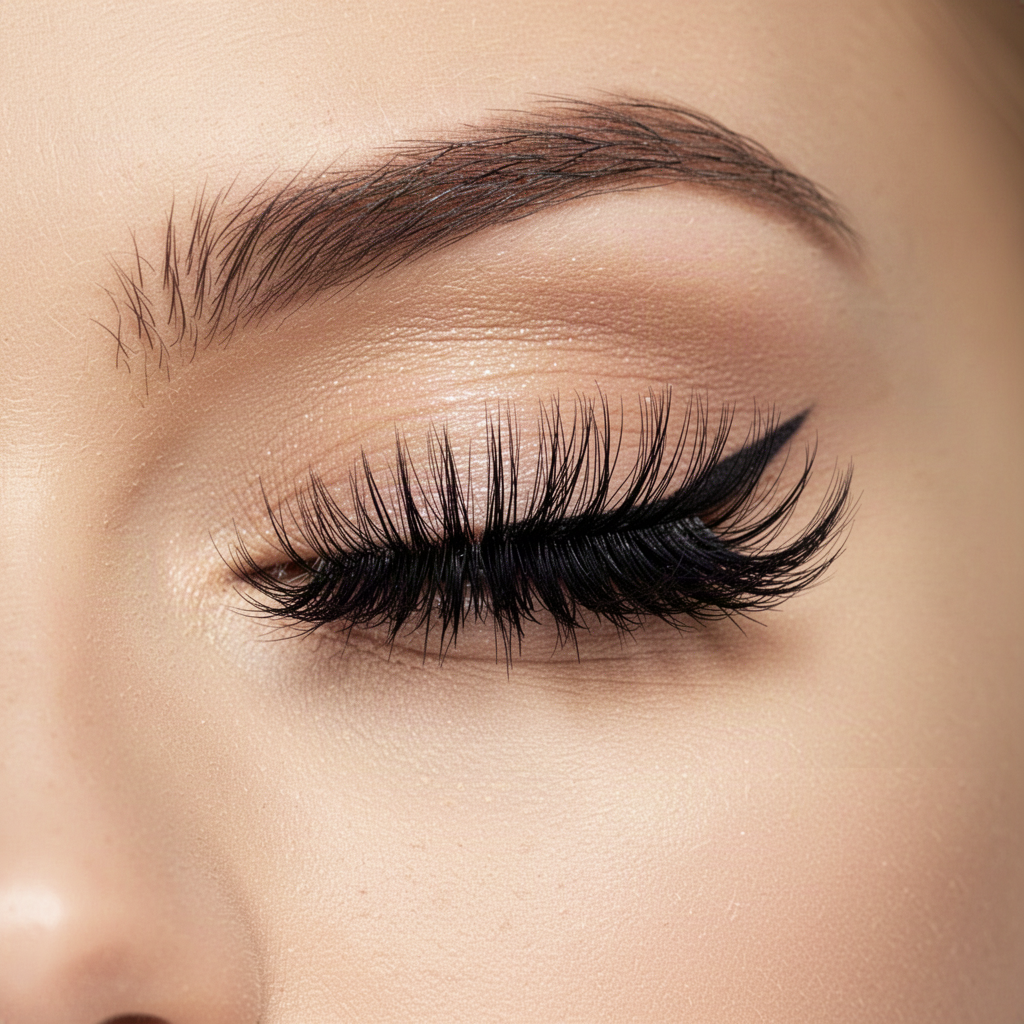 Closed eye with long dramatic lash extensions and winged liner