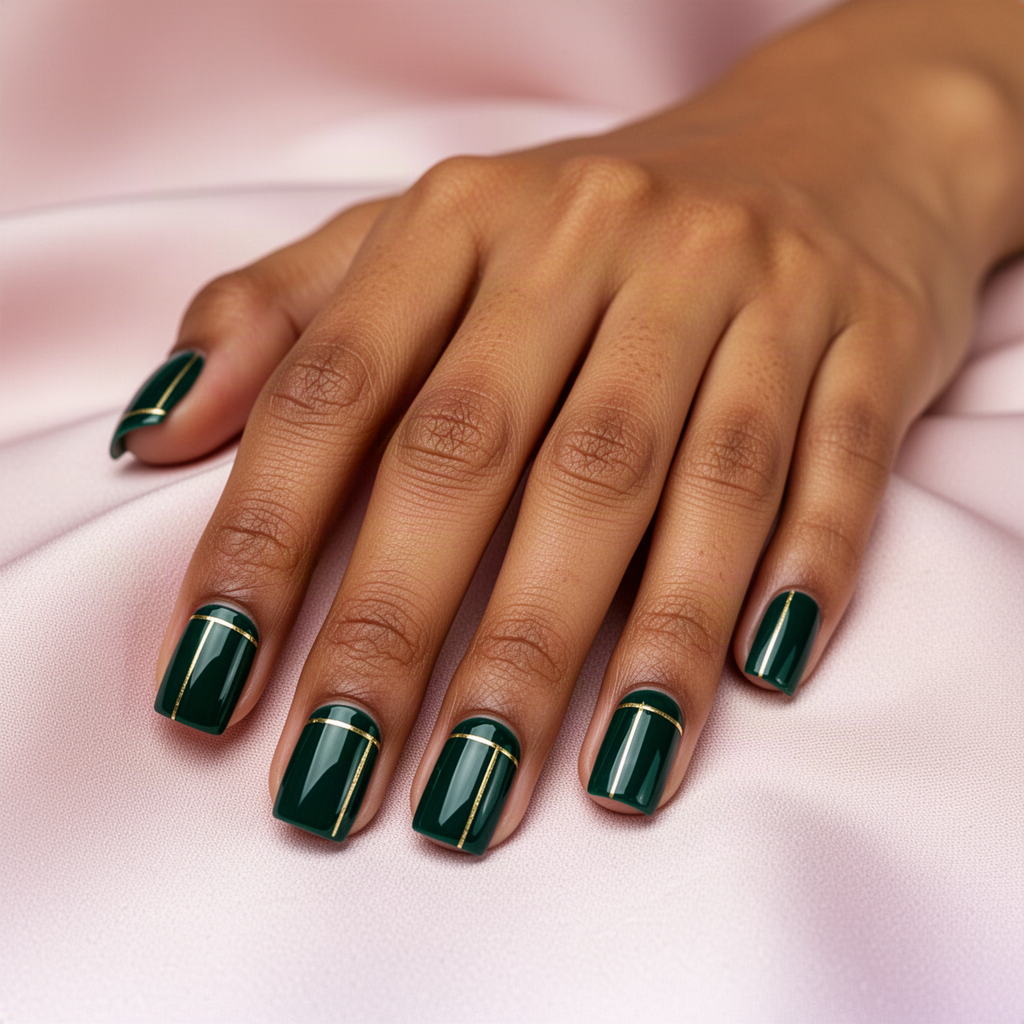 Deep emerald green square nails with thin gold line details