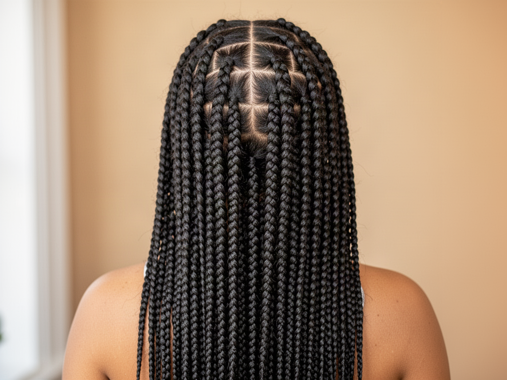Back view of long black knotless braids
