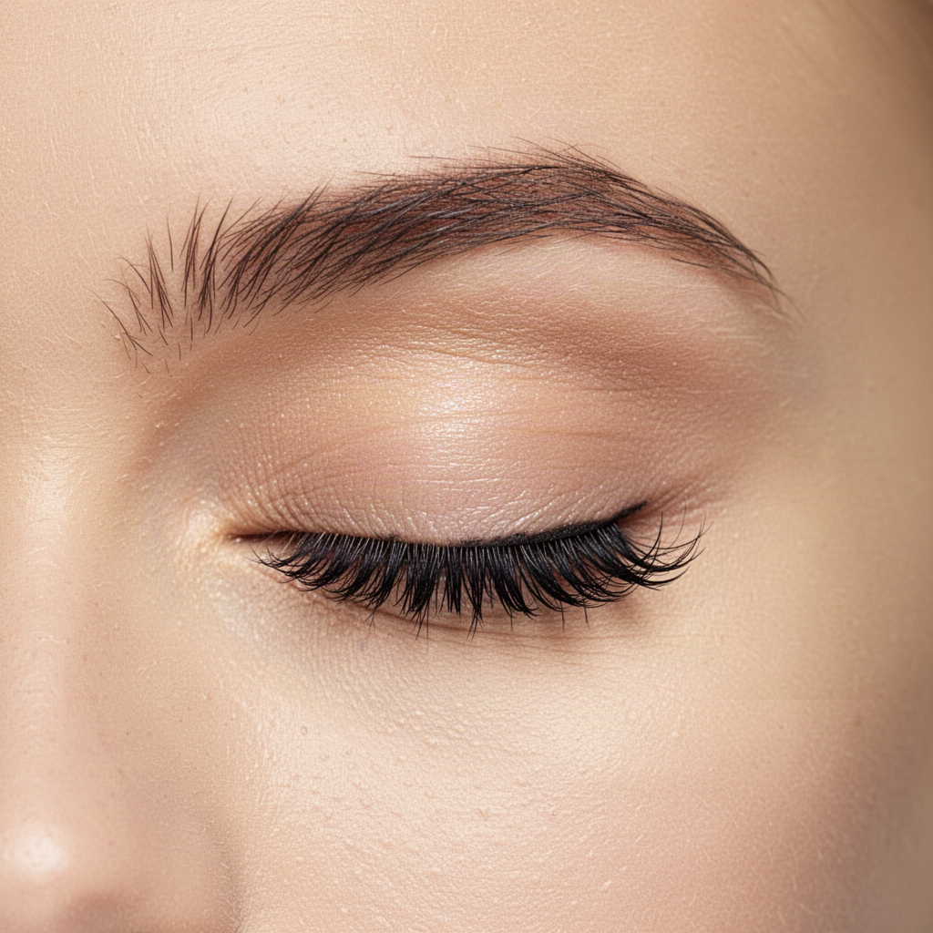 Closed eye with short natural eyelash extensions
