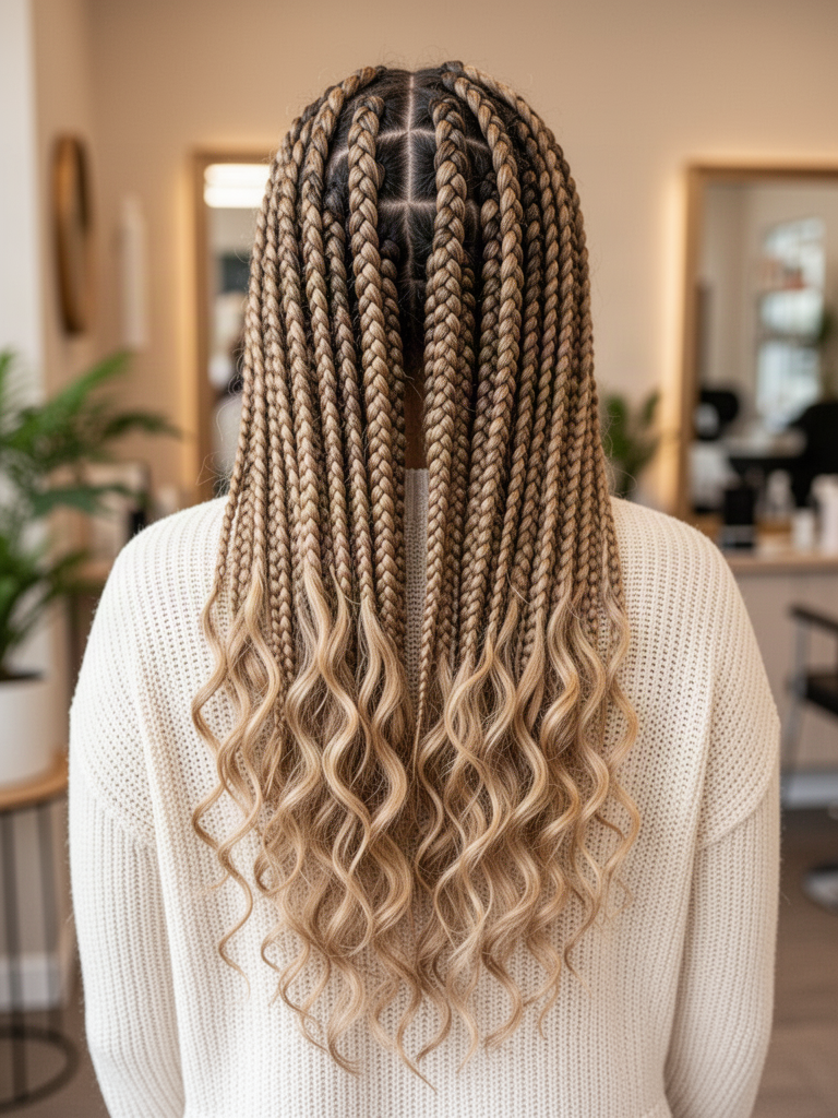 Back view of long blonde bohemian box braids with wavy curly ends