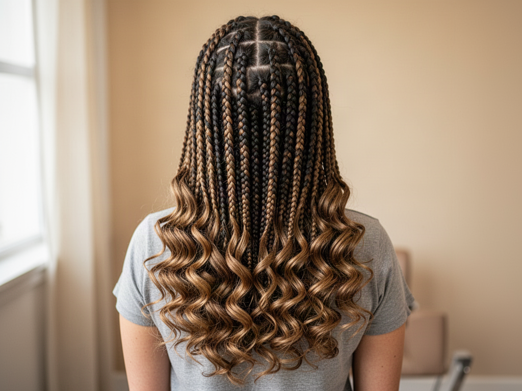 Back view of braids finishing in loose golden brown curls