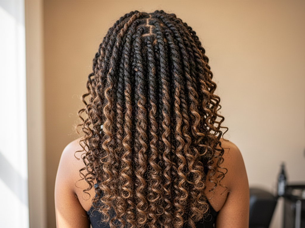 Long kinky twists with caramel highlights